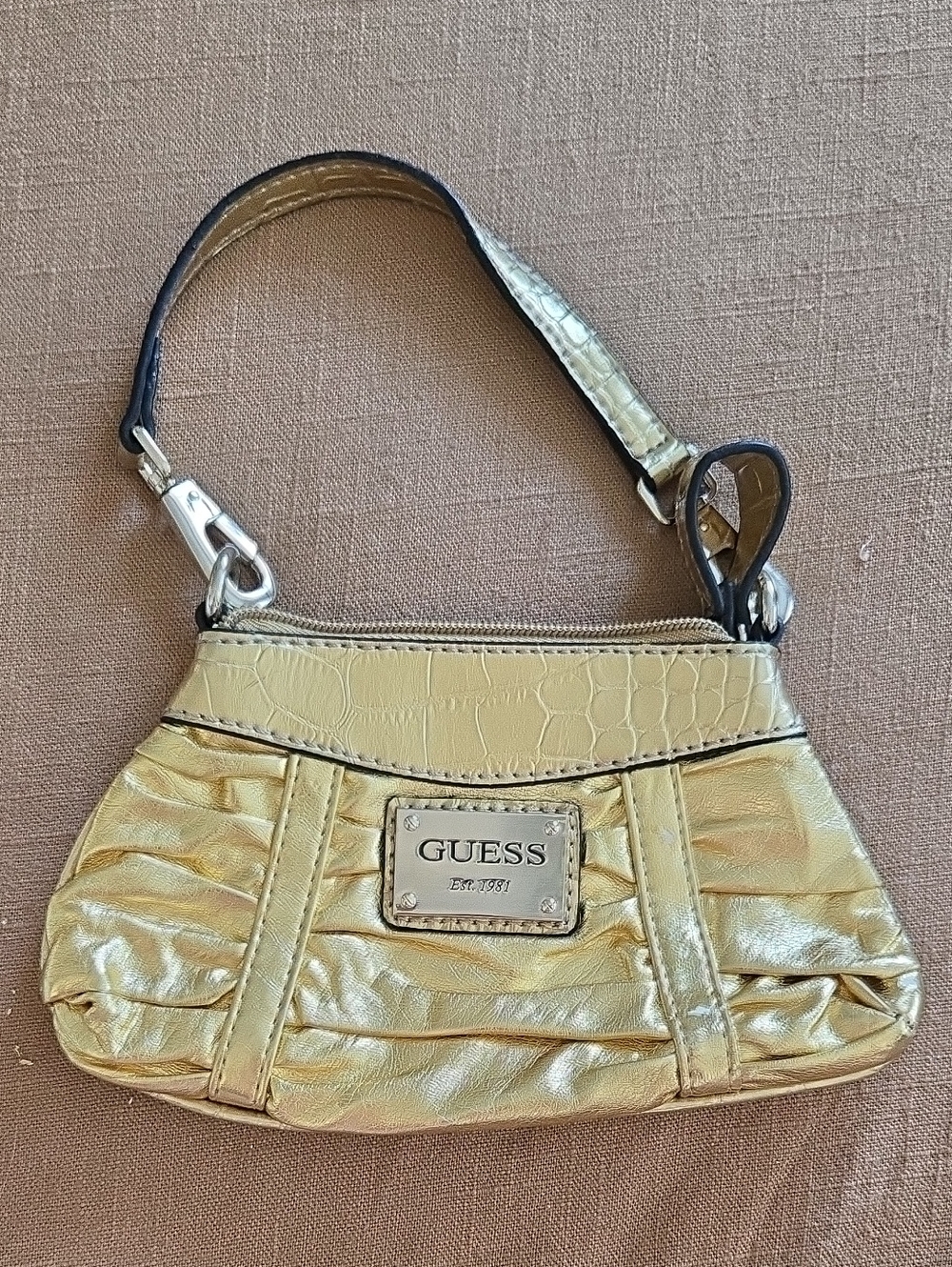 GUESS Metallic Gold Croc-Trim Mini Wristlet